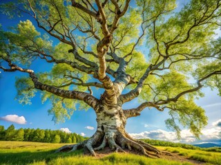 Fototapeta premium A majestic birch tree stands tall, its twisted and gnarled trunk a testament to its enduring strength and unique beauty.