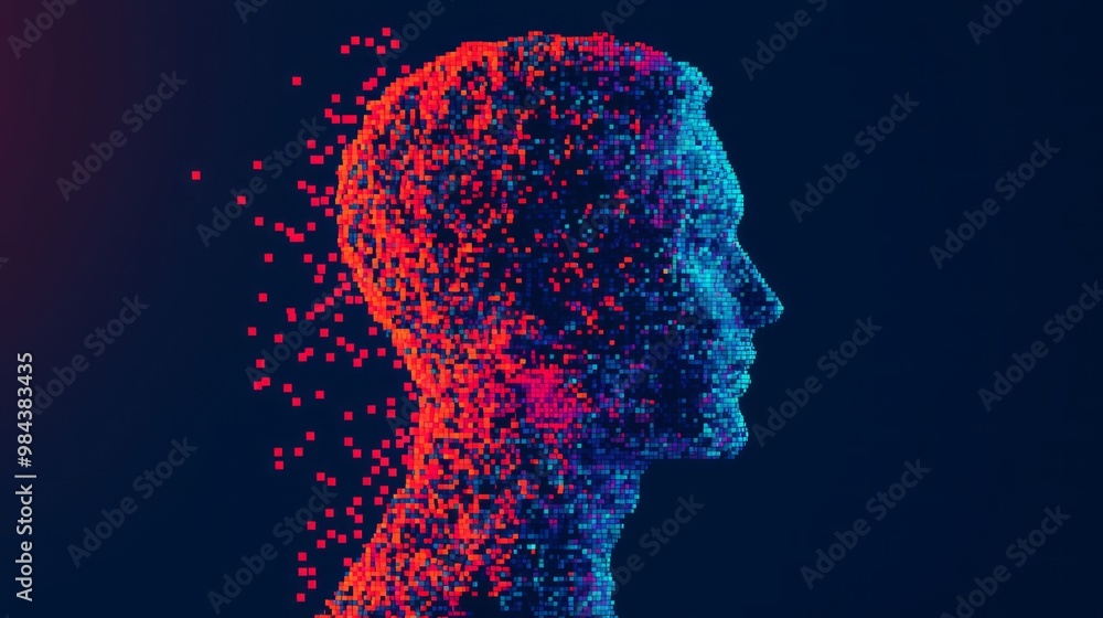 Wall mural an abstract human figure dissolving into a sea of vibrant digital pixels, symbolizing the merging of