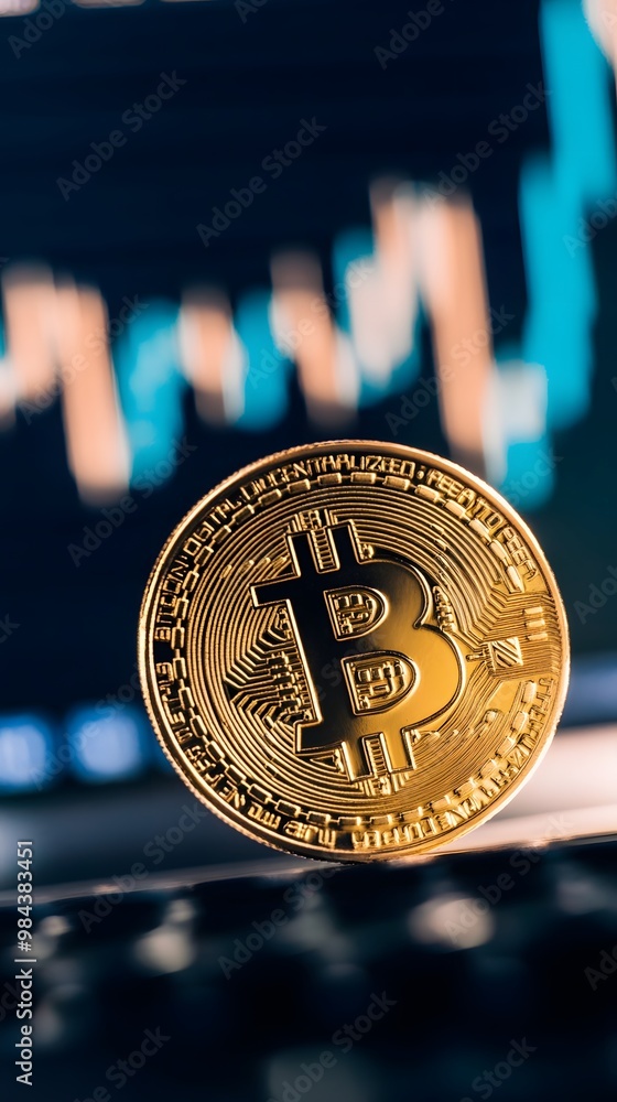 Poster a gold bitcoin coin sits on a keyboard in front of a stock chart.