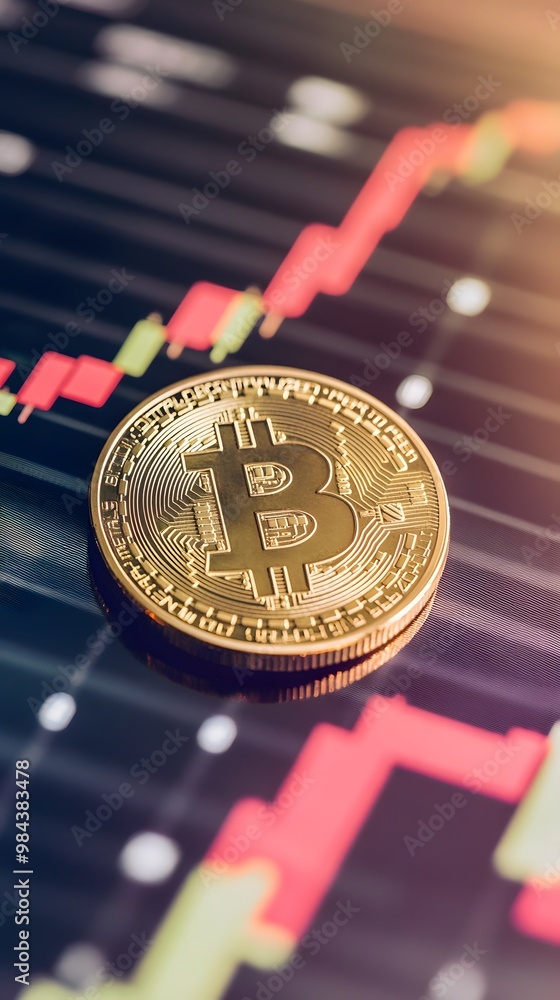 Poster a single bitcoin coin sits on a screen displaying a stock market chart.
