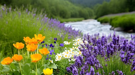 Obraz premium Peaceful Riverside Lined with Diverse and Serene Blooming Wildflowers