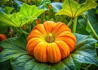 A majestic orange pumpkin blossom graces a vibrant green leafy crown amidst a kaleidoscope of colors in a sun-kissed garden setting.
