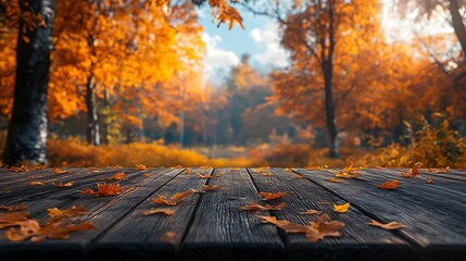 Wooden table top with fallen leaves in a forest.