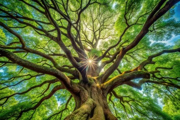 Fototapeta premium A majestic tree stands tall, its vibrant green foliage stretching towards the sky, creating a web-like canopy that symbolizes the intricate connections between all living things.