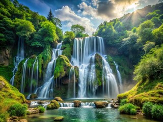 Fototapeta premium A majestic waterfall tumbles down, flanked by emerald green foliage, while the surrounding mountains rise up, creating a dramatic and Photograph-worthy landscape.