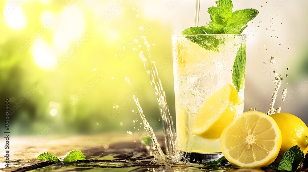 Poster Refreshing lemonade with mint leaves and lemon slices splashing on a sunlit table.