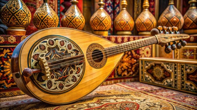 A Middle Eastern stringed instrument, the oud's unique design boasts elaborate ornamentation on its rounded body, captivating audiences with its warm, resonant tones.