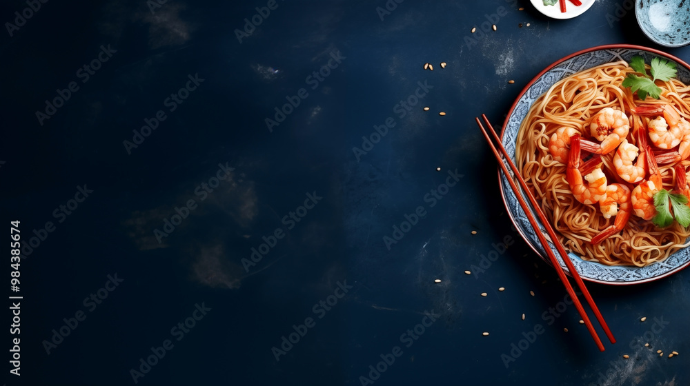 Wall mural Asian dish in a bowl, shrimp noodles, set of chopsticks, on an indigo background, space for text --ar 16:9 --v 5.2 Job ID: d206272c-626b-4dcd-a118-919ff8cddff3