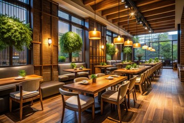 A modern dining space with a warm and inviting ambiance, characterized by low lighting, wooden tables, and plush seating for a cozy night out.
