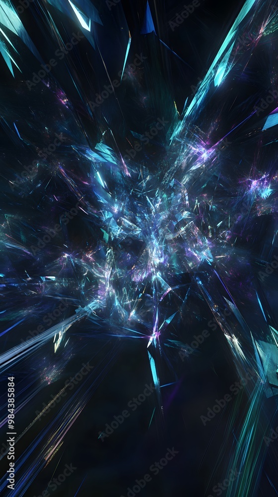 Poster abstract blue and purple fractal design with sharp, intricate patterns in a dark setting.