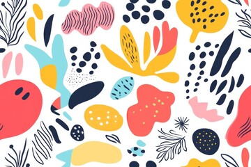 A beautifully vibrant and intricately designed seamless pattern that showcases a delightful and captivating mix of floral and abstract shapes, presented in a variety of colors and artistic styles