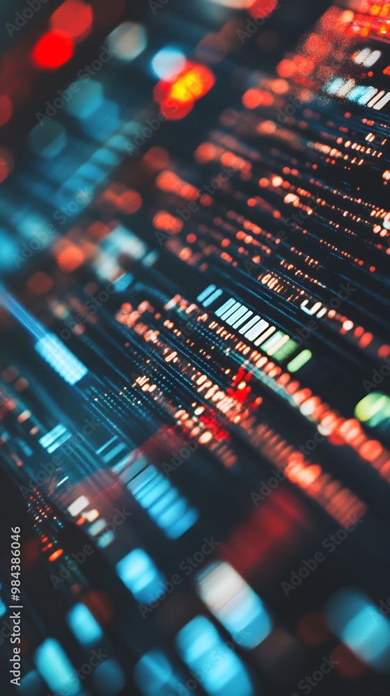 Poster abstract digital data visualization with vibrant light patterns.