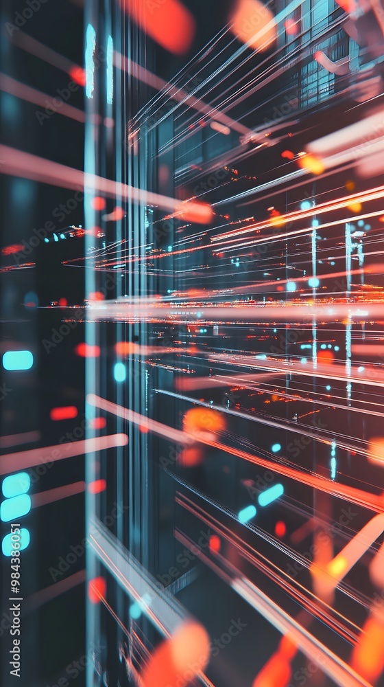 Poster abstract view of digital data streaming through a futuristic technological space.