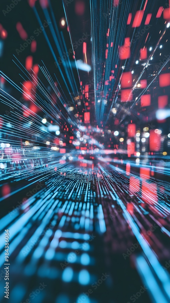 Poster abstract digital data lines and red squares creating a futuristic, high-tech visual effect.