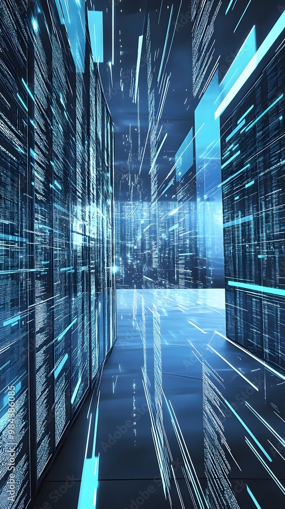 Poster abstract visualization of fast-moving digital data in futuristic server room.