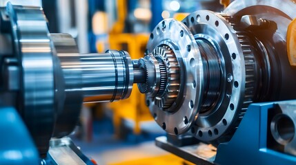 Fototapeta premium A machine is being worked on with a blue and yellow background. The machine is a gear and has a lot of metal parts