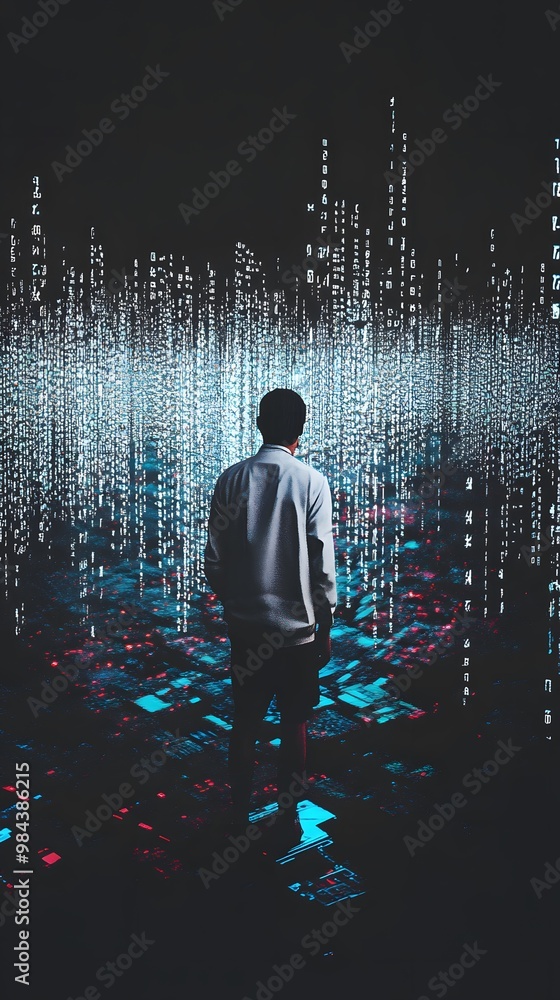 Poster man surrounded by digital data streams in a futuristic, immersive environment.