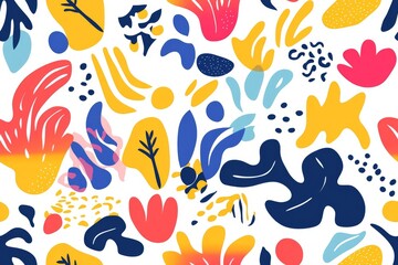 A vibrant and intricately designed seamless pattern that showcases a beautiful blend of striking floral and abstract shapes designed in various lively colors, perfect for a creative touch