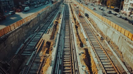 Aerial shot of a subway extension project in a major city, focusing on the open trenches and newly laid tracks