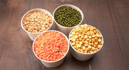 Assorted different types of beans and cereals grains. Set of indispensable sources of protein for a healthy lifestyle. Everyday use at Indian households.