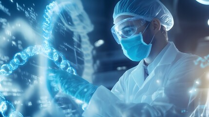 Male scientist analyzing DNA structure on a futuristic digital interface in a laboratory.