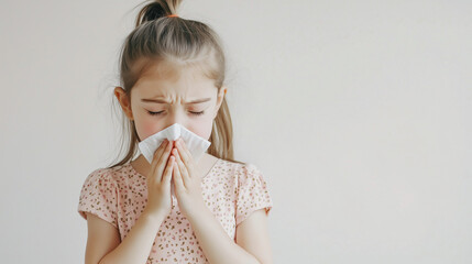 A seven year old girl blows her nose into a handkerchief on a white background. The concept of bacterial and viral rhinitis in children, allergies, copy space.
