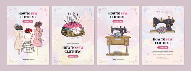 Sewing studio banner design set. Workshop flyer with hand drawn vector sew element. Vintage clothing guide, web courses advertisement wallpaper. Dressmaker retro card