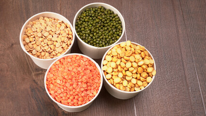Assorted different types of beans and cereals grains. Set of indispensable sources of protein for a healthy lifestyle. Everyday use at Indian households.