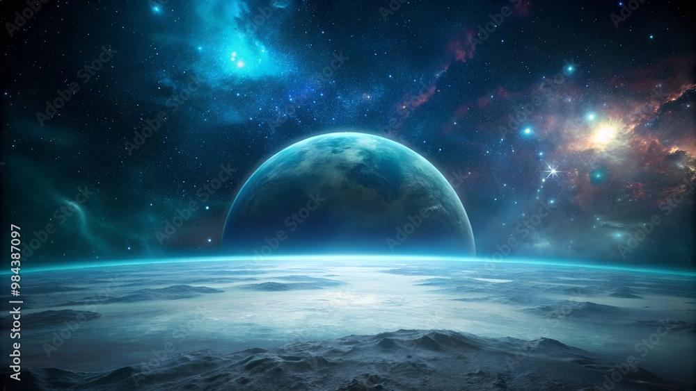 Aufkleber distant planet view from a starry space with luminous atmosphere and cosmic background copy space