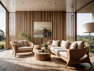 modern living interior design, beautiful sofa and many new styles pillows, art frame, on living room.