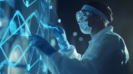 Female scientist analyzing futuristic holographic data in a laboratory setting.