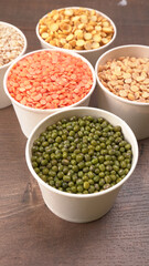 Assorted different types of beans and cereals grains. Set of indispensable sources of protein for a healthy lifestyle. Everyday use at Indian households.