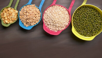 Assorted different types of beans and cereals grains. Set of indispensable sources of protein for a healthy lifestyle. Everyday use at Indian households.