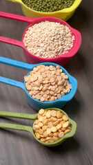 Assorted different types of beans and cereals grains. Set of indispensable sources of protein for a healthy lifestyle. Everyday use at Indian households.