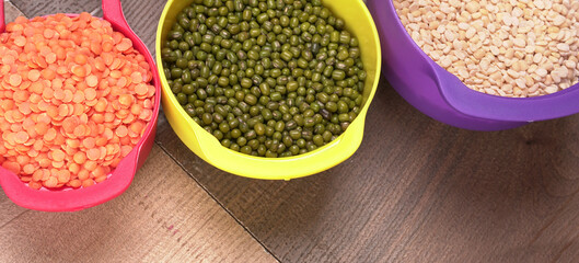 Assorted different types of beans and cereals grains. Set of indispensable sources of protein for a healthy lifestyle. Everyday use at Indian households.