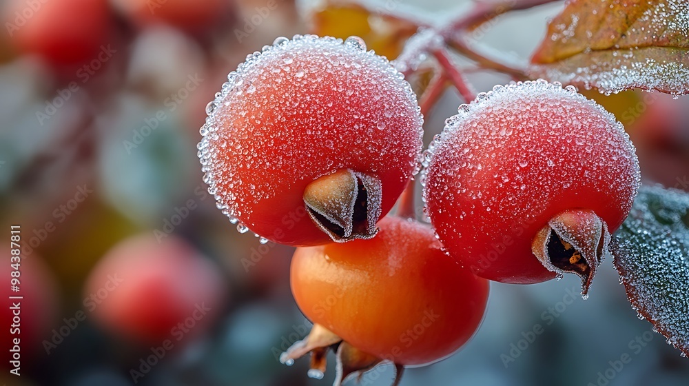 Poster close-up of three red berries covered in frost on a branch.
