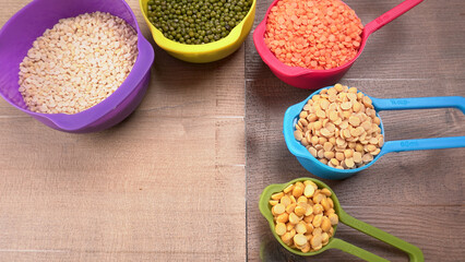 Assorted different types of beans and cereals grains. Set of indispensable sources of protein for a healthy lifestyle. Everyday use at Indian households.