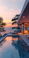 Fototapeta premium minimalist villa with sea in dawn . AI generative.
