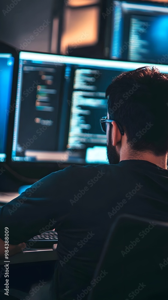 Poster male software developer working on multiple screens with code in a dark room.