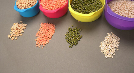 Assorted different types of beans and cereals grains. Set of indispensable sources of protein for a...