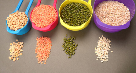 Assorted different types of beans and cereals grains. Set of indispensable sources of protein for a healthy lifestyle. Everyday use at Indian households.