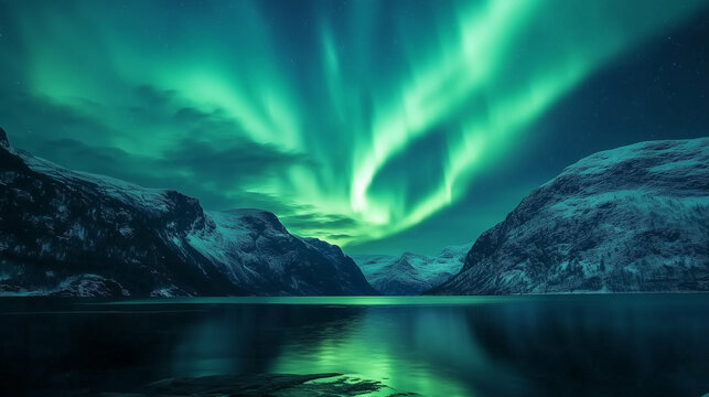 The Northern Lights dance over a majestic fjord in Norway. Bright green beams reflect in the water, and snow-capped mountains create a breathtaking landscape