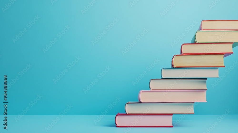 Poster a visually striking arrangement of neatly stacked books that symbolize the concepts of progression a