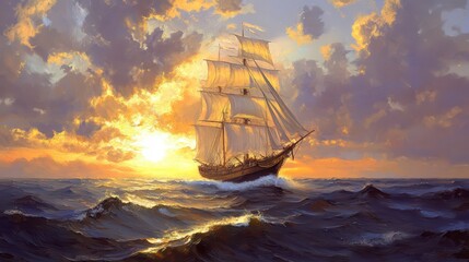 Obraz premium A majestic three-masted sailing ship sailing in the open ocean towards the sun. Impressionism, oil painting
