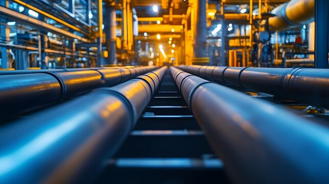 A bunch of pipes are stacked up in a field. The pipes are black and yellow. Scene is industrial and somewhat ominous