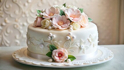 A show-stopping white cake, covered in intricate sugar flowers and fondant details, is the perfect centerpiece for a bridal shower.