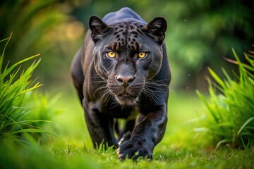 A sleek black jaguar charges forward with incredible speed, its sharp claws extended for the hunt, a formidable predator unleashed.