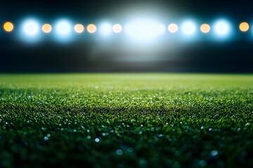 Naklejka premium Green Grass Field with Stadium Lights in the Background