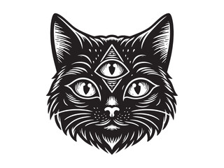Three-eyed magical black cat. Vintage black engraving illustration, sketch, emblem, tattoo, print