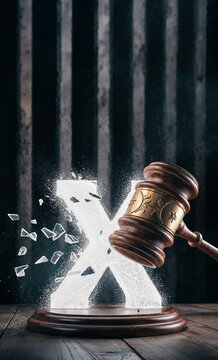 Supreme Court wooden hammer shattering a glowing X mark on Brazil-themed background. Concept art depicting law enforcement, censorship, and VPN access. Totalitarianism clashing with digital freedoms